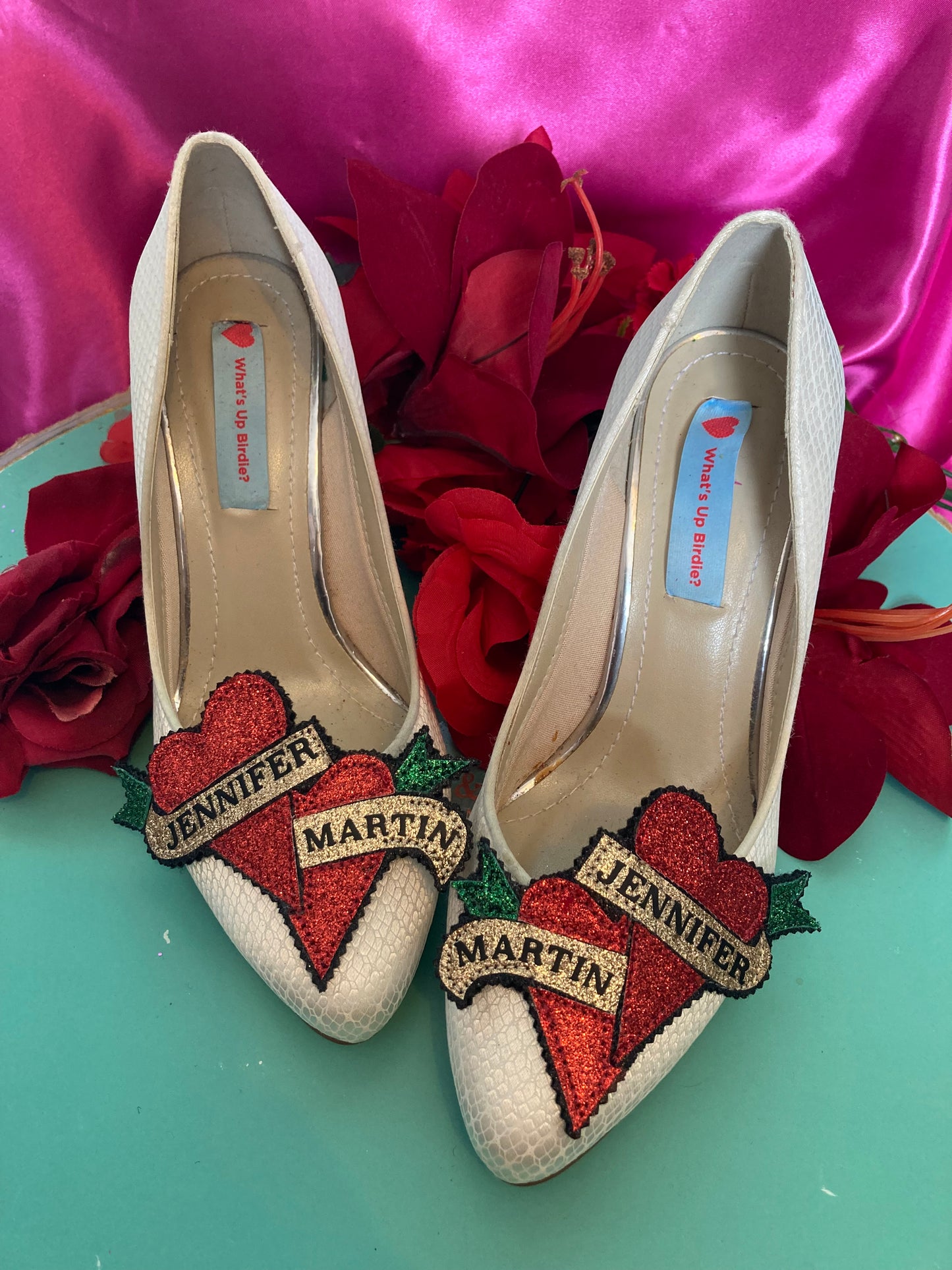 Bespoke personalised heart tattoo banner shoe clips
