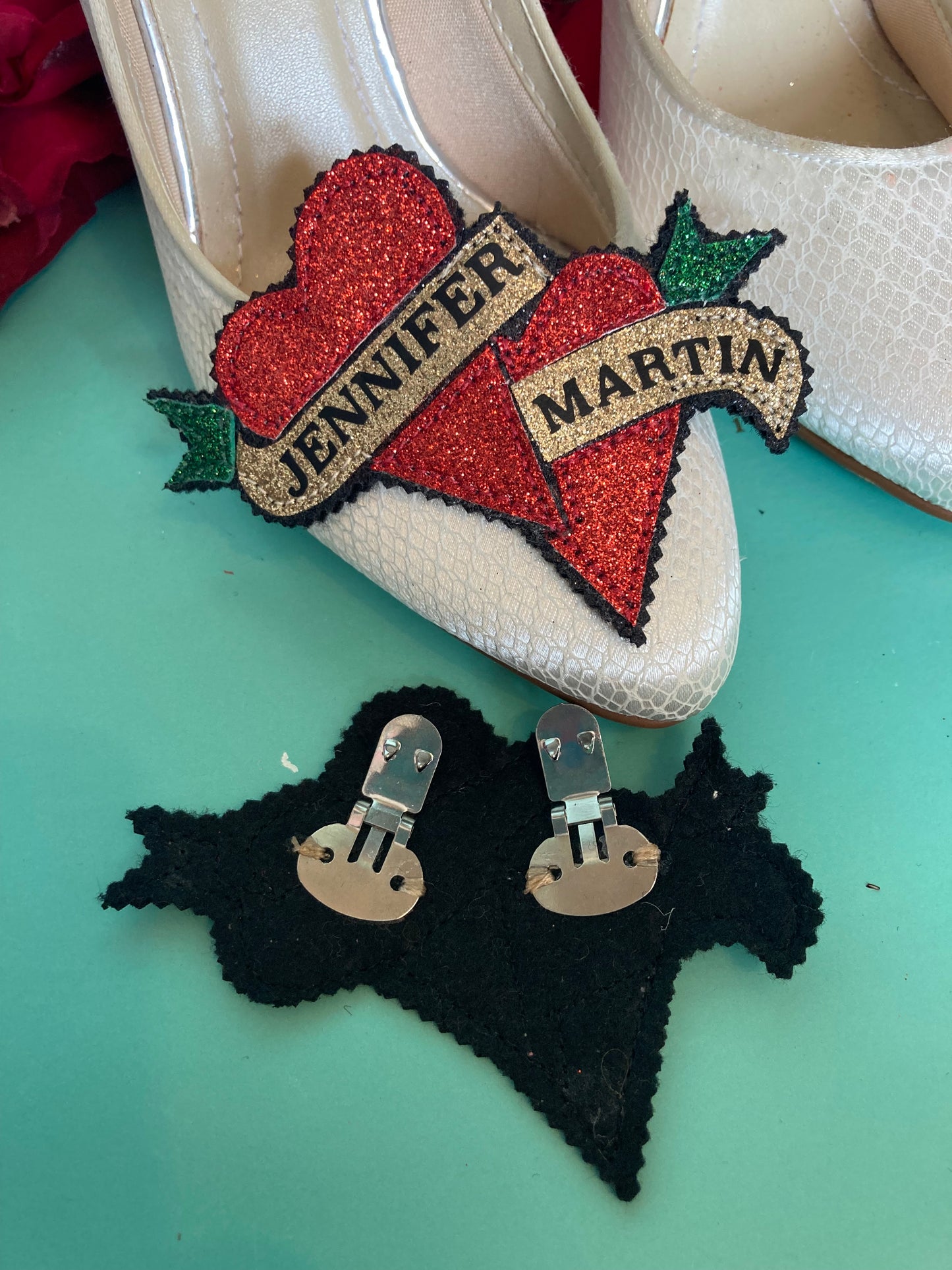 Bespoke personalised heart tattoo banner shoe clips