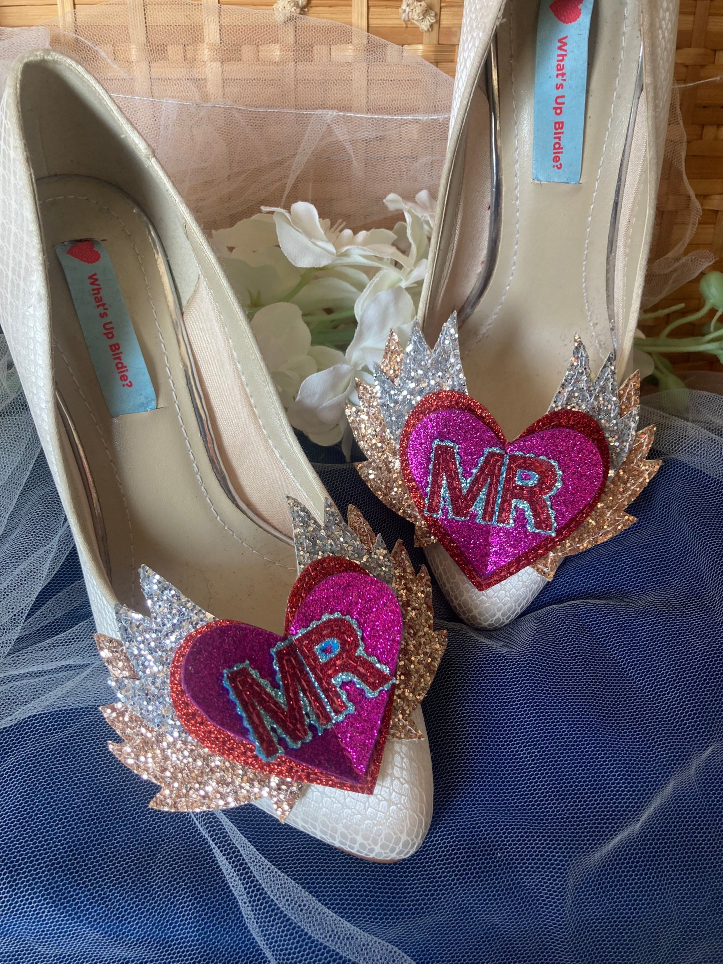 Flaming heart shoe clips with text