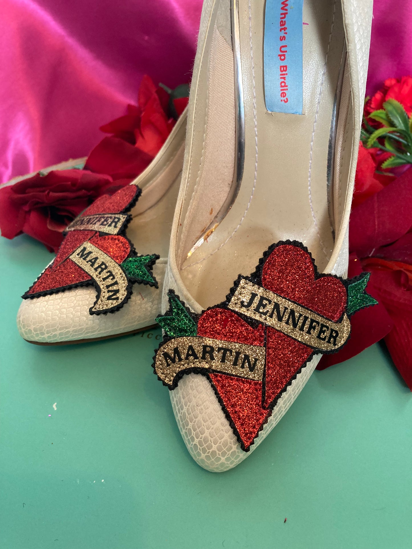 Bespoke personalised heart tattoo banner shoe clips