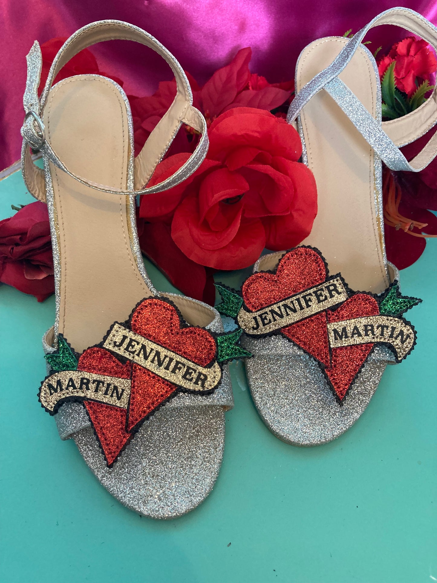 Bespoke personalised heart tattoo banner shoe clips
