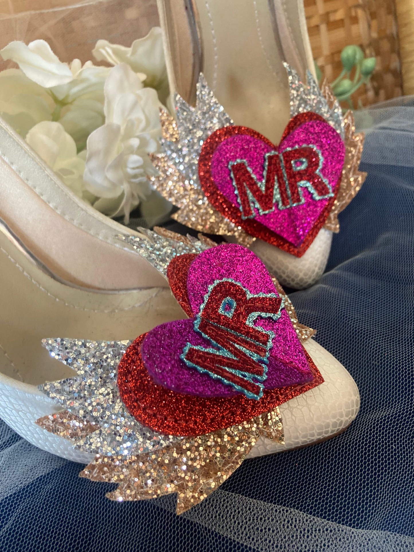 Flaming heart shoe clips with text