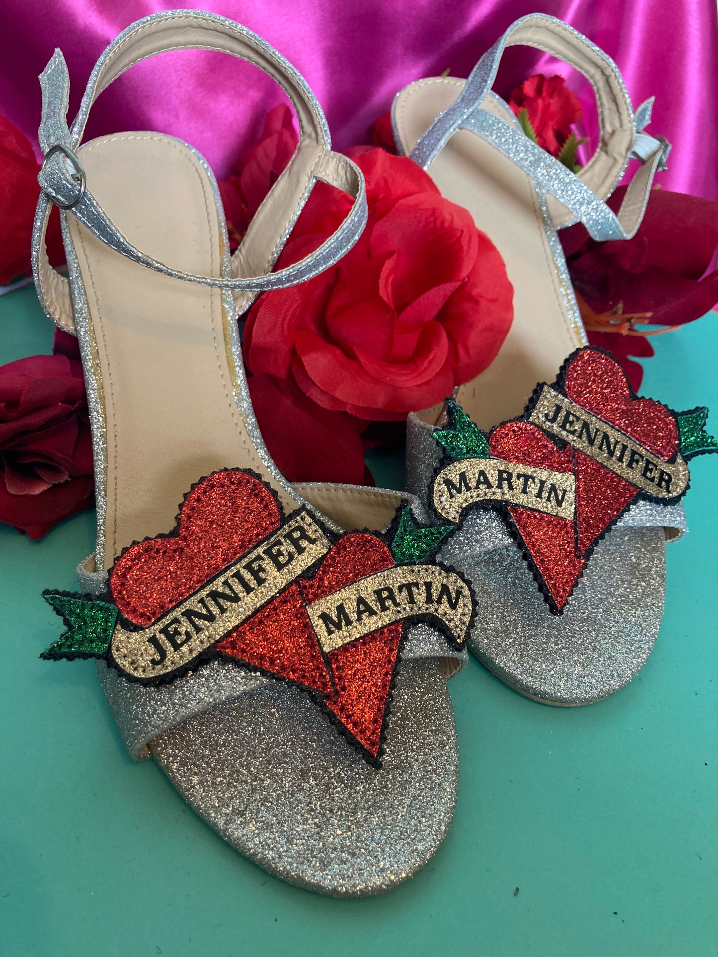 Bespoke personalised heart tattoo banner shoe clips
