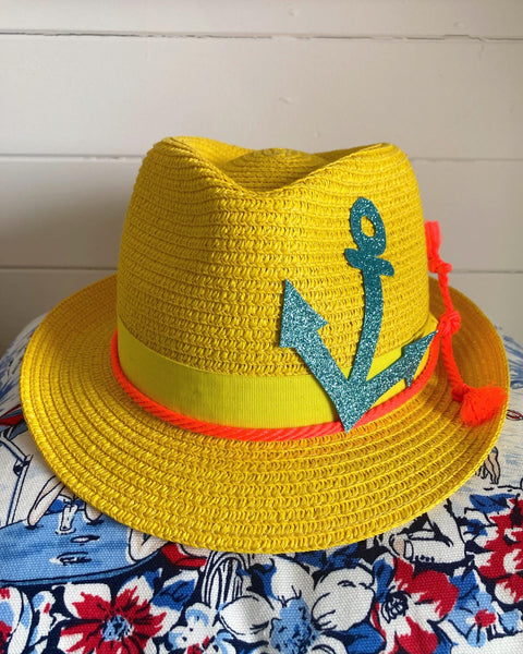 Yellow Anchor paper straw trilby hat