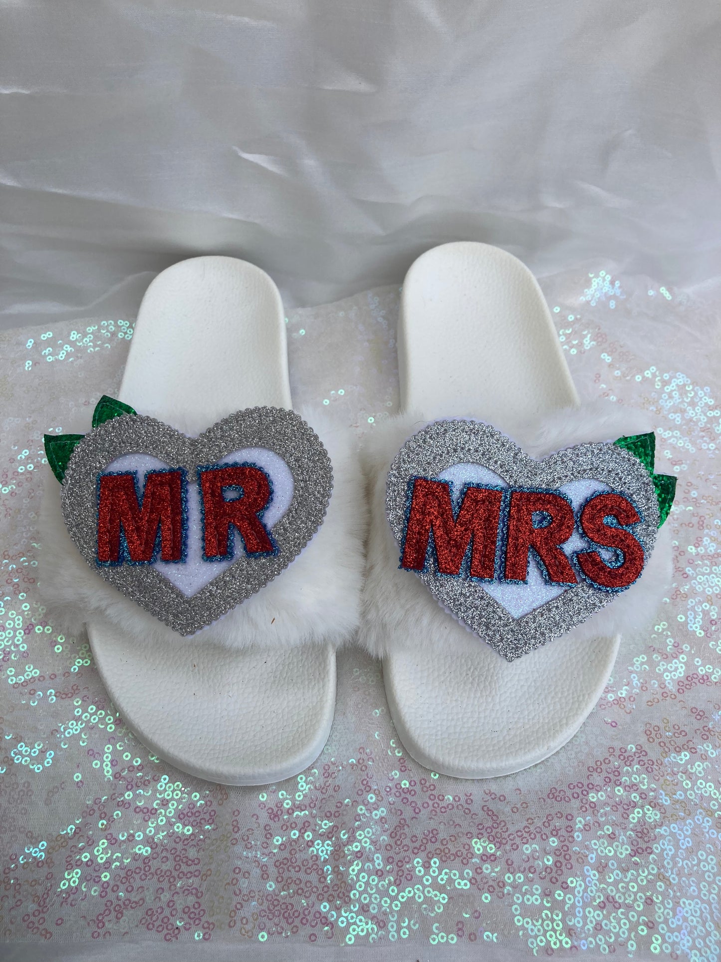 Wedding White faux fur customised sliders.