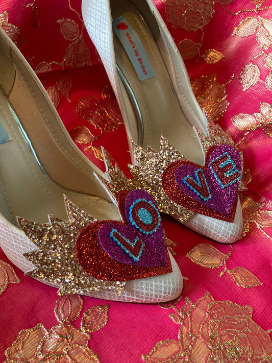 Flaming heart shoe clips with text