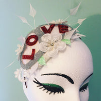 Bridal vintage style LOVE appliqué hat on hair-band