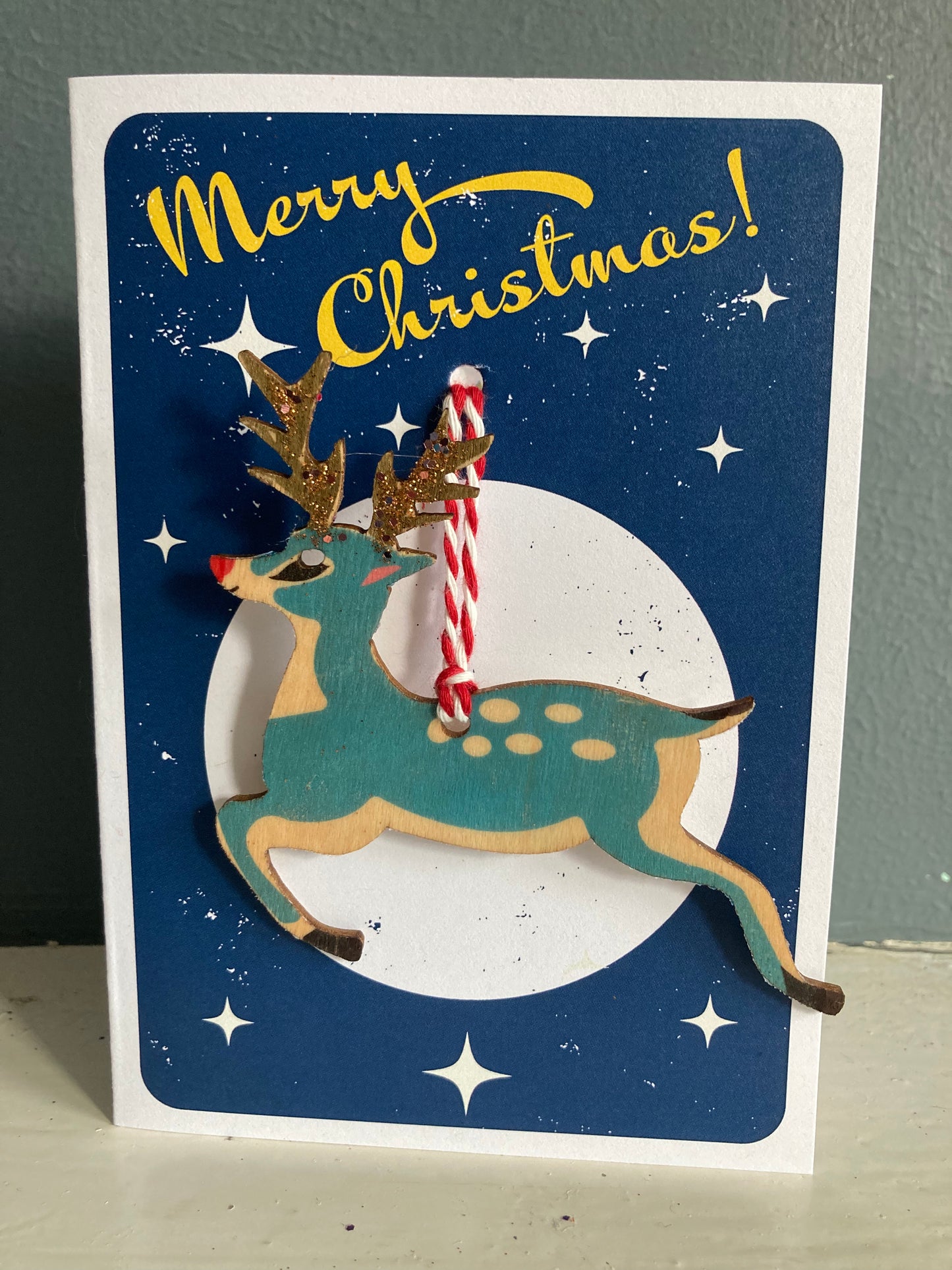 Wooden Christmas reindeer decoration card